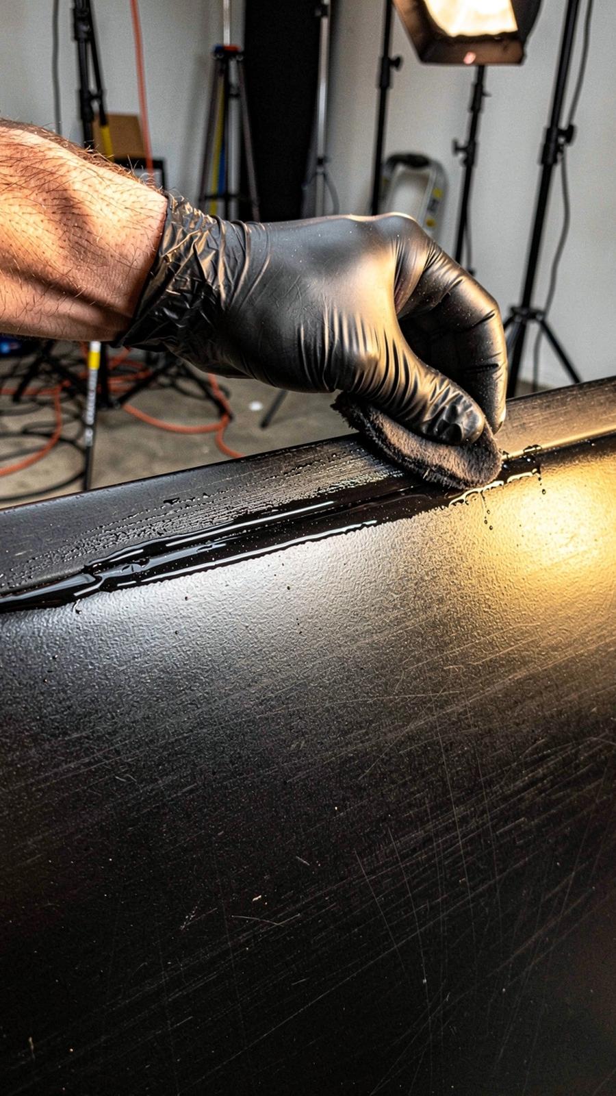 Detailer applying a ceramic coating to the edge of a dark painted panel under raking studio light