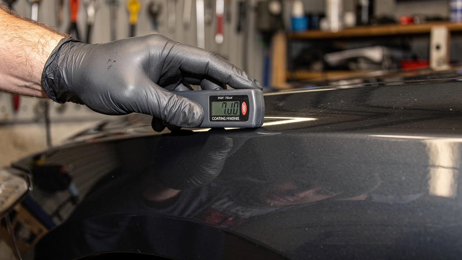 Detailer checking coating film thickness on a freshly polished panel with a digital gauge