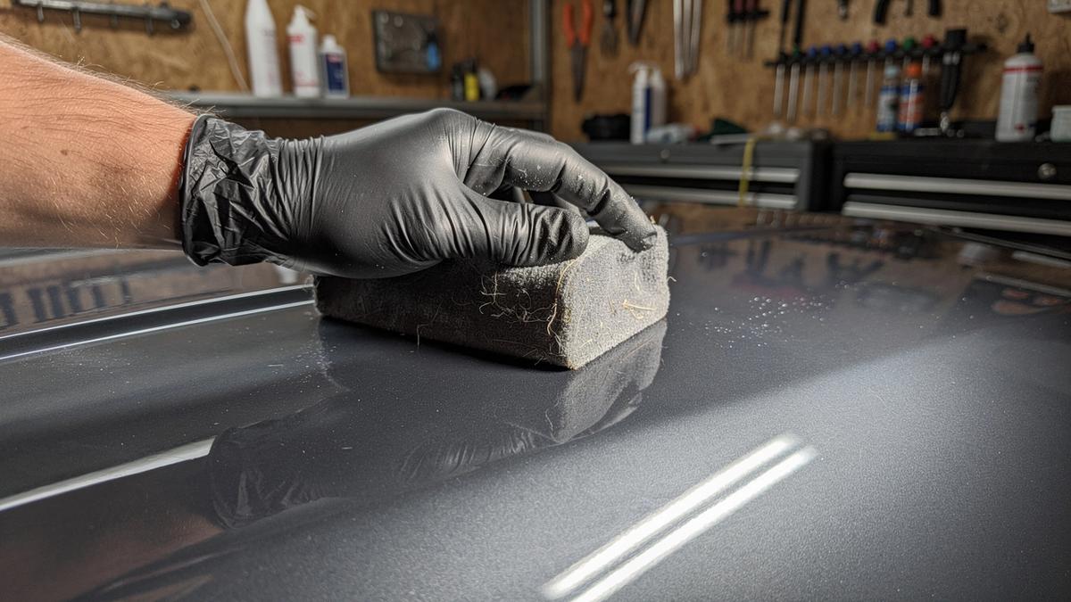 Gloved hand levelling coating on a dark paint panel under studio inspection light