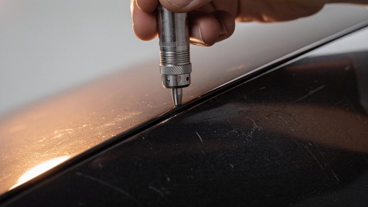 Coating thickness gauge reading the paint film on a car panel at the Kyiv studio