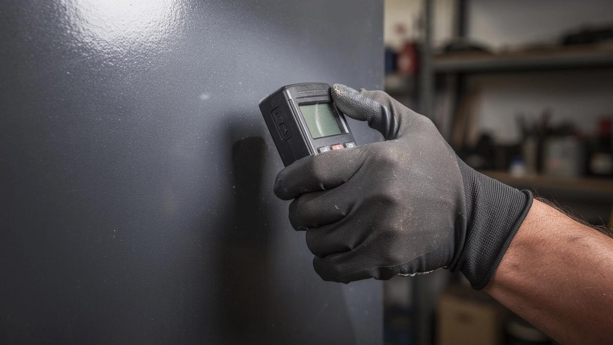 Detailer measuring coating thickness on a painted panel with a gauge